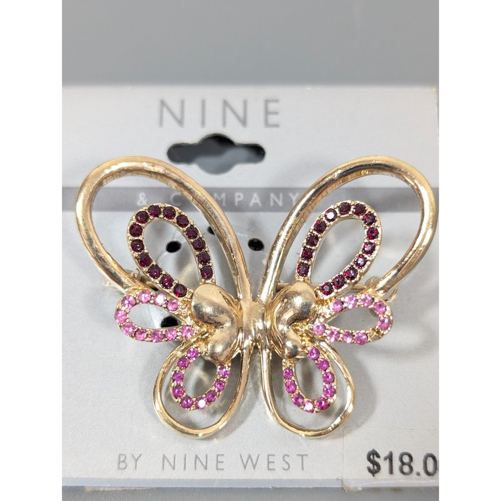 Nine West Pink Red Crystal Butterfly Brooch Gold Tone Elegant Retro‎